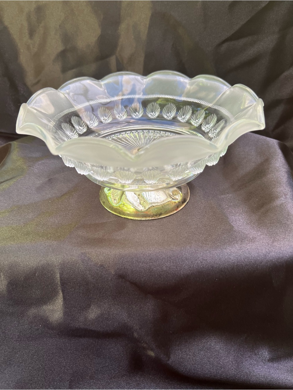 vintage candy dish - clear, pressed glass bowl w/ a frosted, scalloped rim